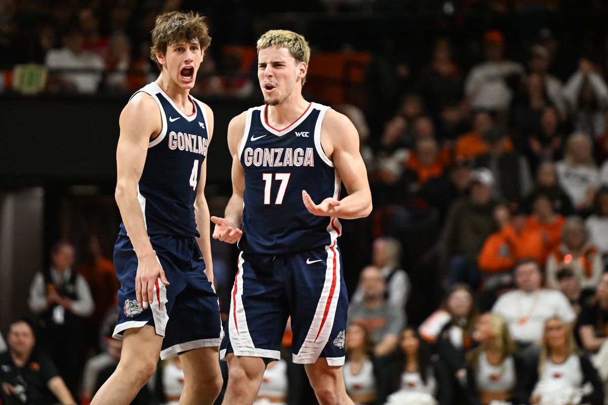 Gonzaga guards Davis Fogle, left, and Mario Saint-Supery celebrate after Saint-Supery hit a shot against Oregon State on Feb 7.  (Tyler Tjomsland / The Spokesman-Review)
