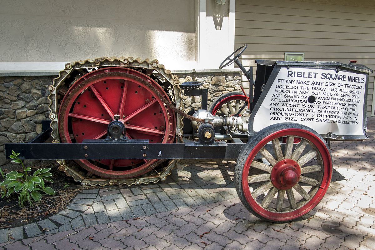An old square-wheel tractor invented by Royal Riblet is on display during the warm weather months near the Cliff House at Arbor Crest. (Colin Mulvany)