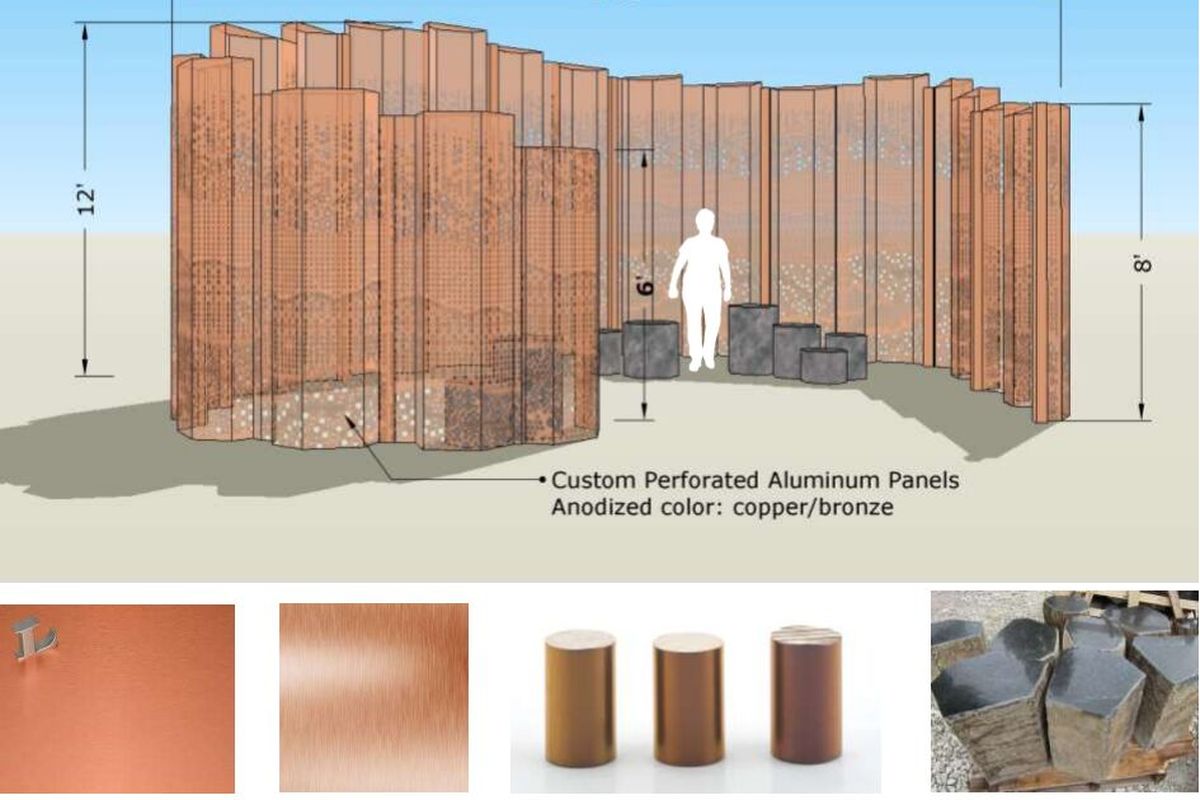 An artist’s rendering of “The Seeking Place,” a proposed piece of art for Riverfront Park by Sarah Thompson Moore, of Coeur d’Alene. The basalt columns would be made of custom aluminum treated to avoid deterioration and allow for reflection of nearby light. (Sarah Thompson Moore)
