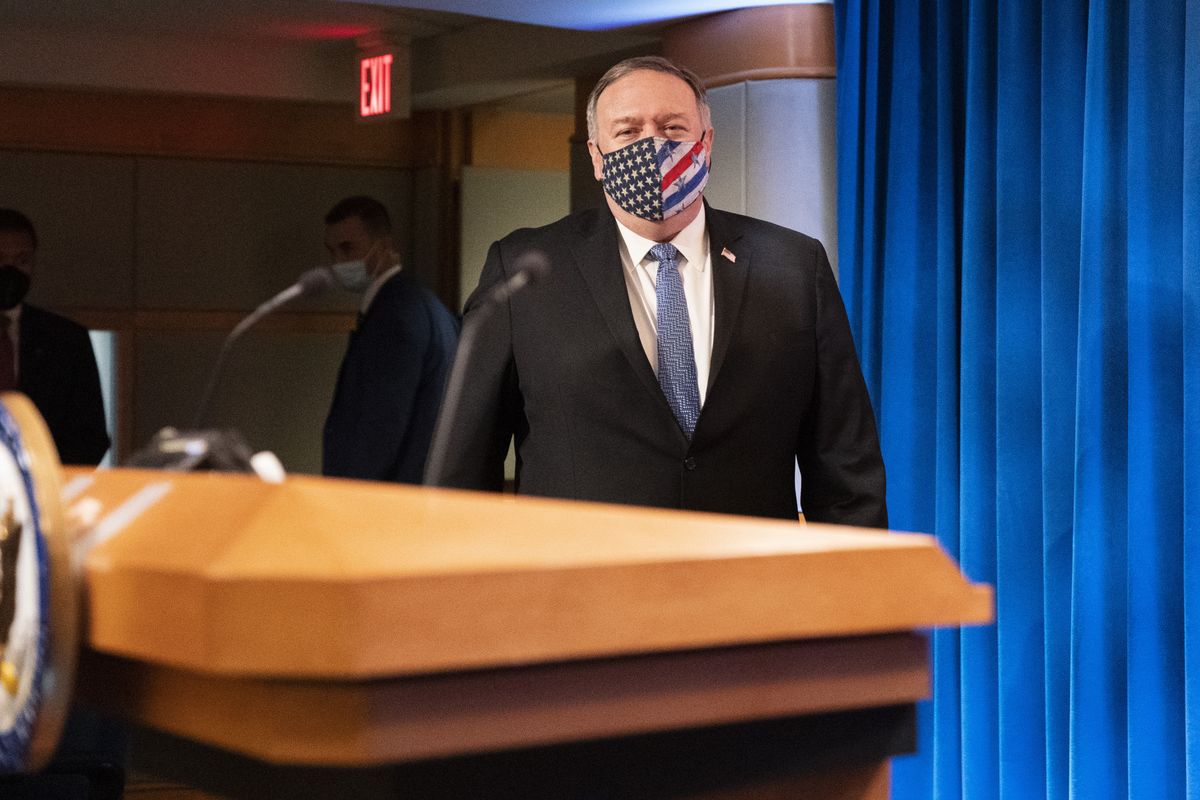 Secretary of State Mike Pompeo arrives for a media briefing, Tuesday, Nov. 10, 2020, at the State Department in Washington. (Jacquelyn Martin)
