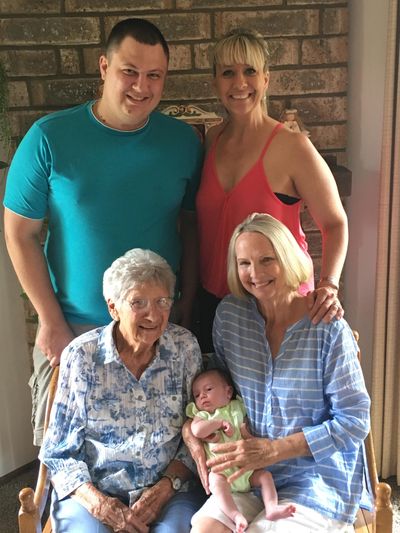 Helen Hanley, front left, is pictured, clockwise, with her great-grandson, Garrett Hilliard, granddaughter Tracy Bos, daughter Linda Taylor, and great-great-granddaughter Cheyenne Hilliard, all of Spokane. (Courtesy of family)