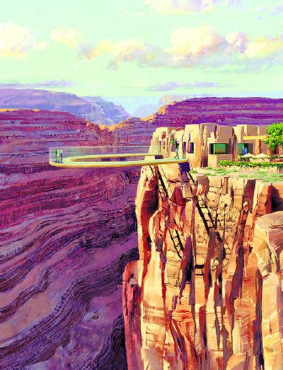 
An artist's rendering provided by Grand Canyon West shows the Hualapai Indian Tribe's Skywalk, a glass-bottom observation deck 4,000 feet above the Colorado River hanging over the western edge of the Grand Canyon. The Skywalk is scheduled to open March 28.
 (Associated Press photos / The Spokesman-Review)