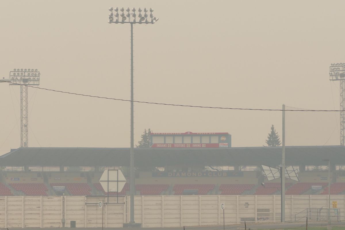 Avista Stadium is obscured by smoke, Tuesday, Sept. 5, 2017. (Jesse Tinsley / The Spokesman-Review)