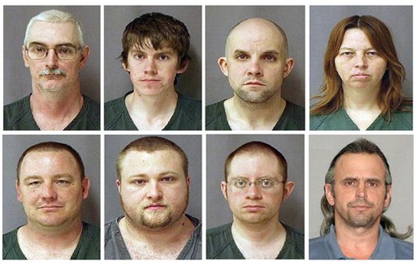 This combo of eight photos provided by the U.S. Marshals Service on Monday March 29, 2010 shows from top left, David Brian Stone Sr., 44, of Clayton, Mich,; David Brian Stone Jr. of Adrian, Mich,; Jacob Ward, 33, of Huron, Ohio; Tina Mae Stone and bottom row from left, Michael David Meeks, 40, of Manchester, Mich,; Kristopher T. Sickles, 27, of Sandusky, Ohio; Joshua John Clough, 28, of Blissfield, Mich.; and Thomas William Piatek, 46, of Whiting, Ind., suspects tied to Hutaree, a Christian militia. Jury selection is getting under way in Detroit federal court Tuesday, Feb. 7, 2012, nearly two years after the dramatic arrest of people who authorities say belonged to a southern Michigan militia with a goal of rebelling against the government. The trial is expected to last weeks. It involves seven of the nine people charged with belonging to a group called Hutaree. The government says they conspired to try to kill a police officer and plotted further strikes. No one was ever attacked, and the defendants say they're being prosecuted for saying stupid things. Joshua Clough, bottom row second from right, is the only defendant to make a deal with prosecutors and could be called as a witness to testify against the Hutaree. ((AP Photo/U.S. Marshal))