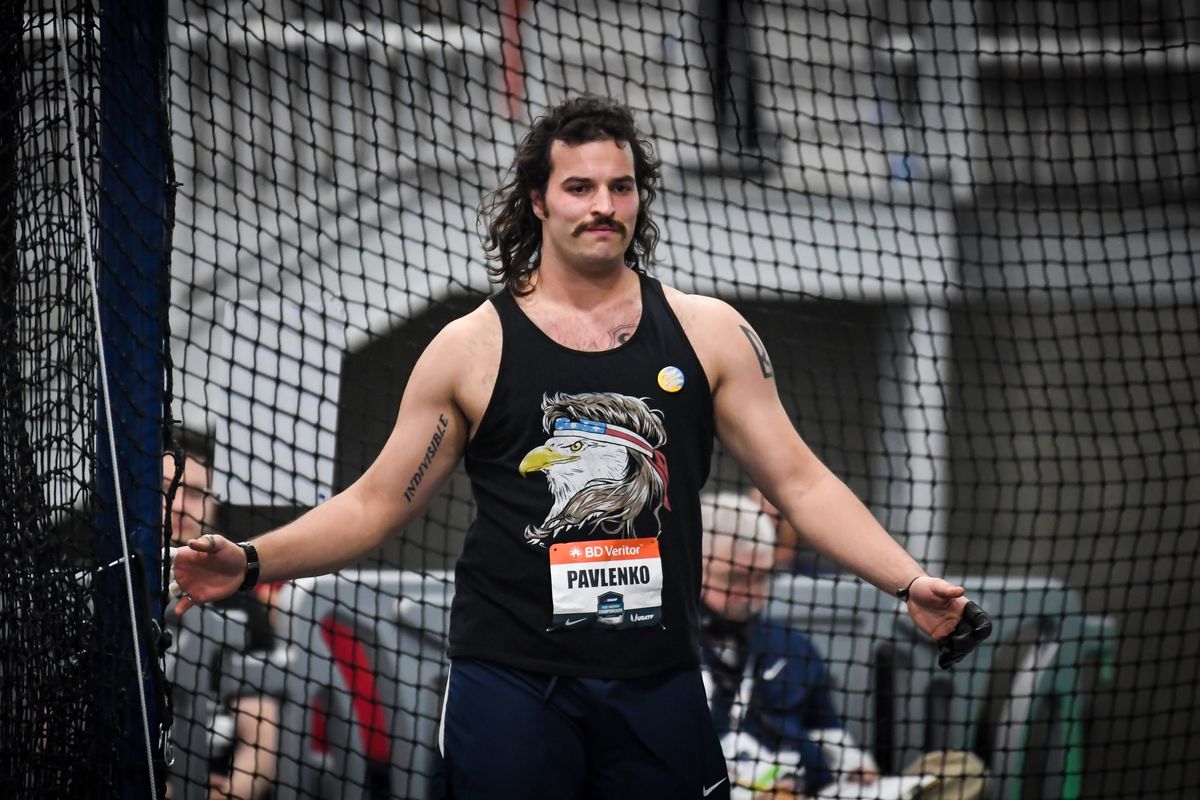 Vlad Pavlenko, who has family in Ukraine and has a Ukrainian trident tattooed on his arm, placed fifth in the men’s weight throw during the 2022 USATF Indoor Championships on Sunday at the Podium in Spokane.  (COLIN MULVANY/THE SPOKESMAN-REVIEW)