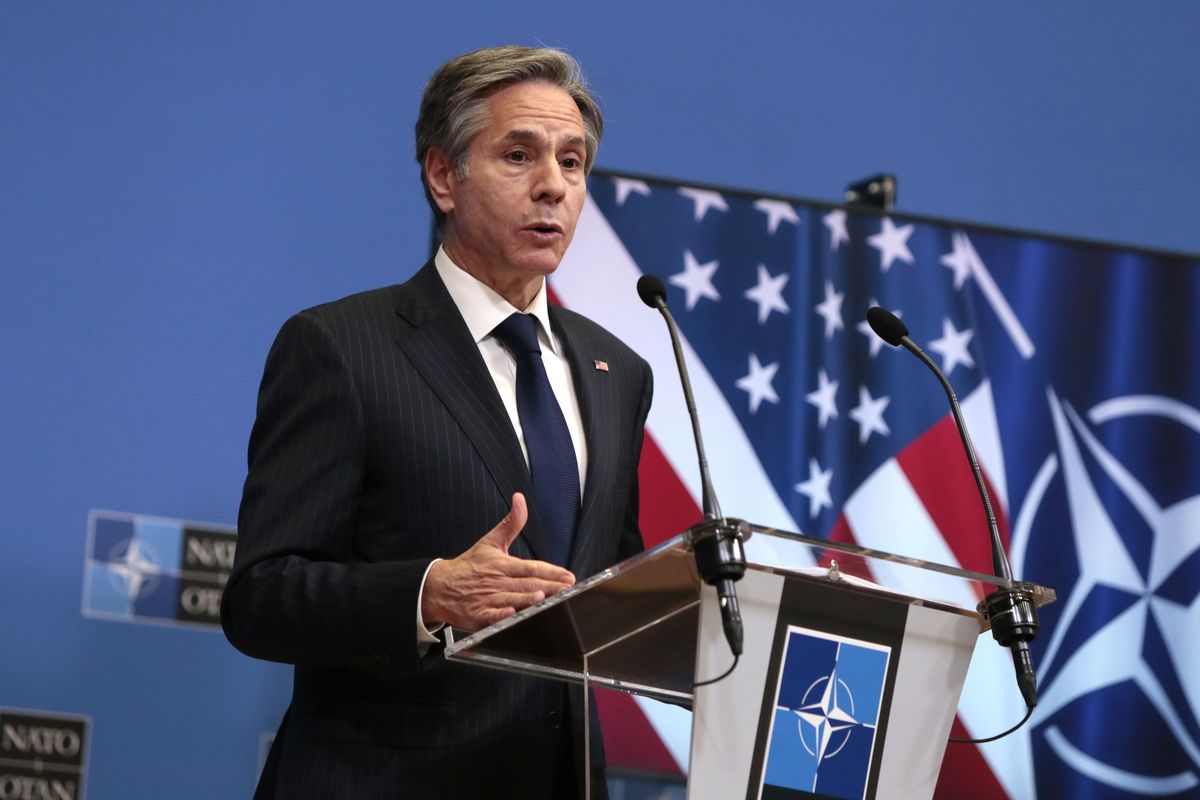 U.S. Secretary of State Antony Blinken speaks during a media conference after a meeting of NATO foreign ministers at NATO headquarters in Brussels on Wednesday, March 24, 2021.  (Virginia Mayo)