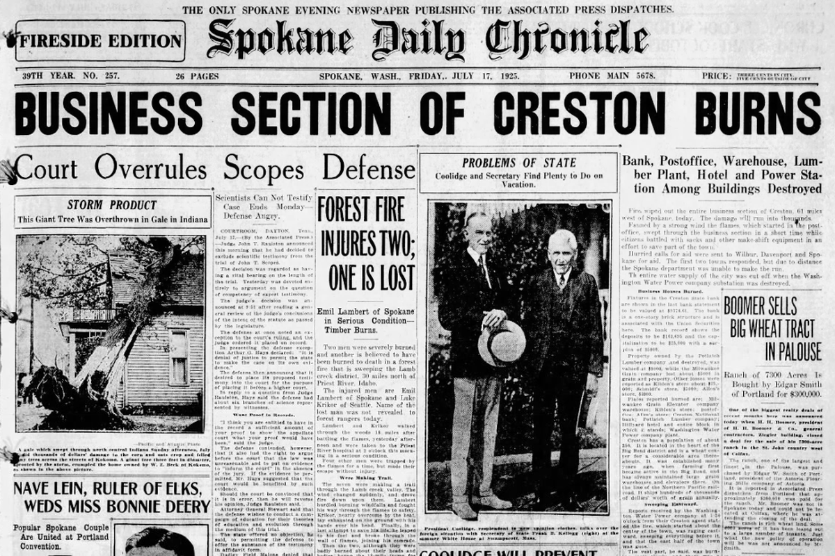 The entire business district in Creston, Washington, was lost in a fire, the Spokane Daily Chronicle reported on July 17, 1925. Among the destroyed buildings were: the Milwaukee Grain Elevator company warehouse, Kiblen