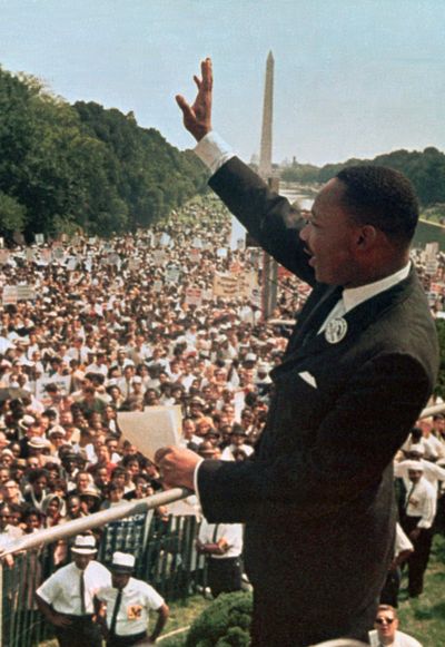 FILE - This Aug. 28, 1963, file photo shows Dr. Martin Luther King Jr. acknowledging the crowd at the Lincoln Memorial for his 