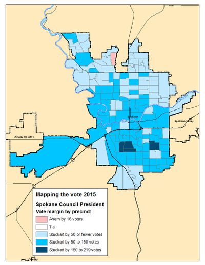 This is a precinct map of the results in the Spokane City Council president election as of Election Night. (Jim Camden/Spokesman-Review)