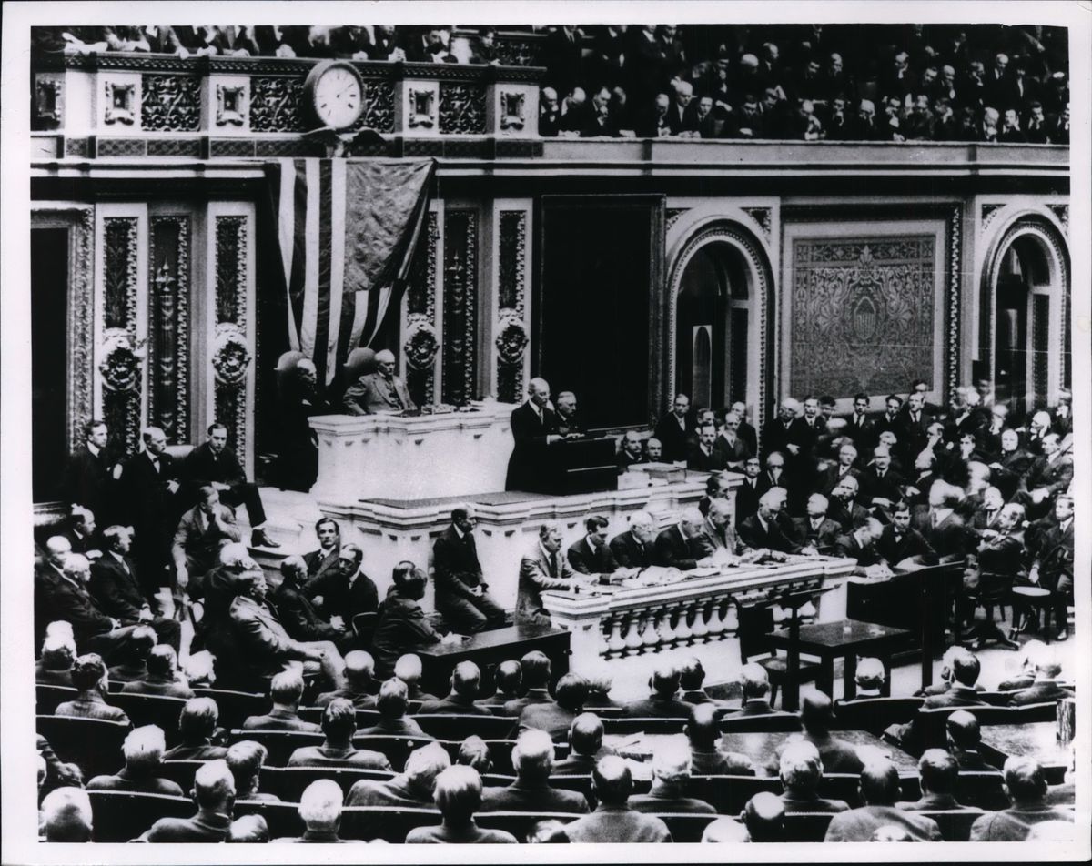 President Woodrow Wilson addresses a joint session of Congress on April 2, 1917 urging Congress to declare war against Germany. The proclamation was issued five days later by Congress.  (Associated Press)