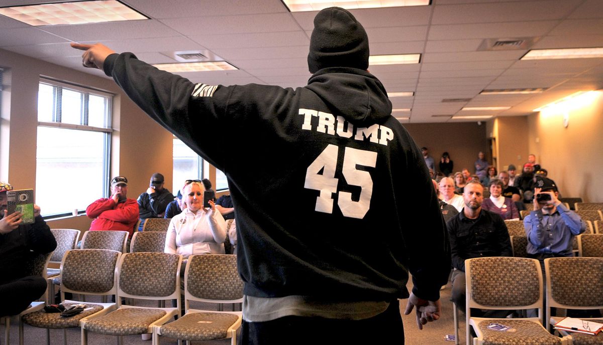 Tusilala Toese, aka “Tiny,” delivers a speech Sunday during the “Freedom First” rally at Centerplace in Spokane Valley. (Kathy Plonka / The Spokesman-Review)