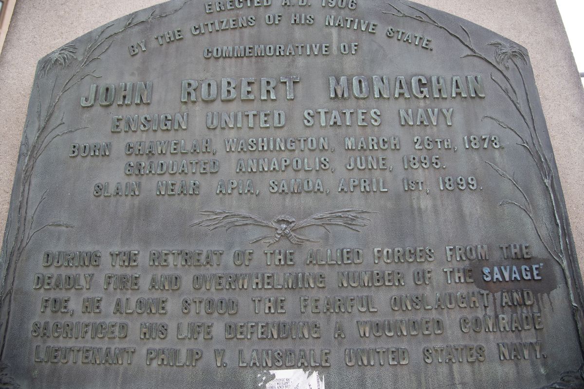 This is the plaque on the back of the statue of John Monaghan at Monroe Street and Riverside Avenue in downtown Spokane. The son of one of Spokane