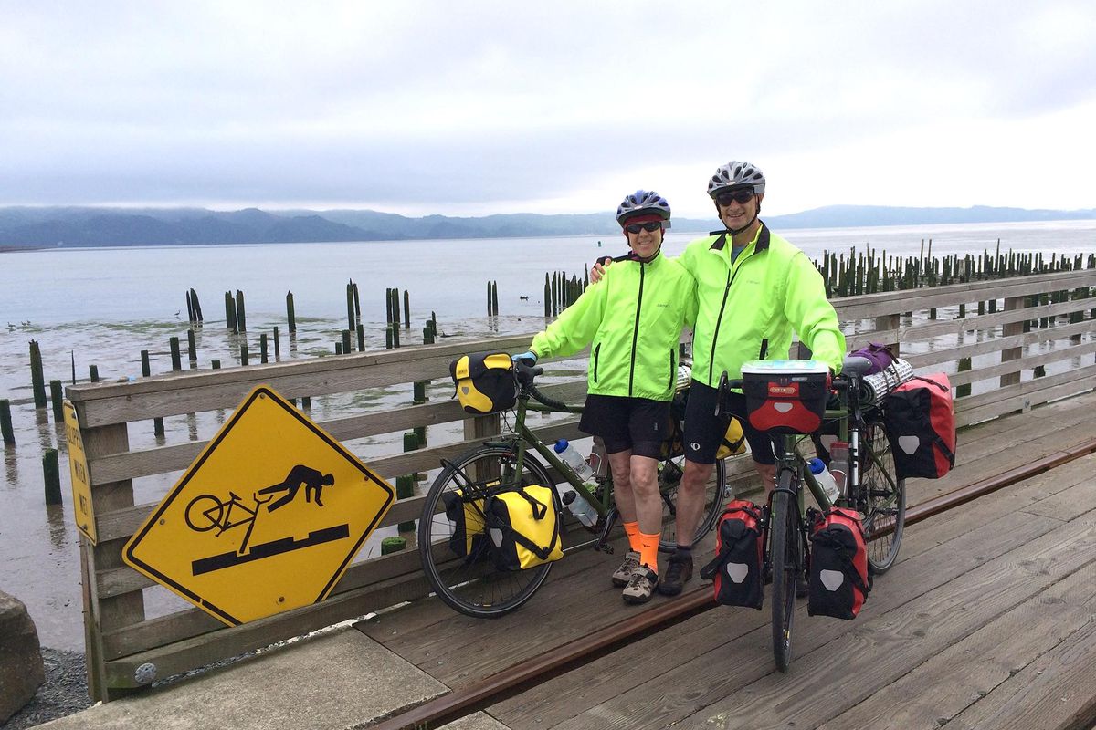 Mary and Larry Wright began their 2015 bicycle tour across the United States on the TransAmerica Bicycle Trail at Astoria, Oregon. (COURTESY)