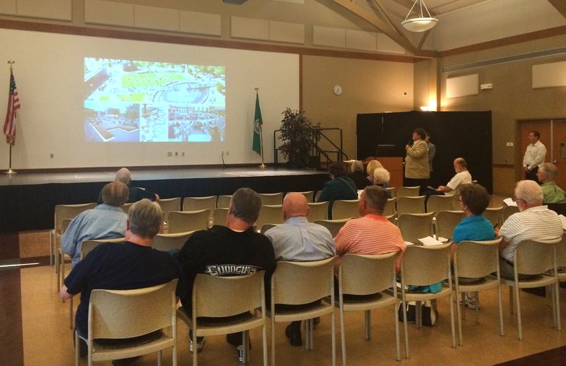 Spokane Valley residents listen to the first presentation by Architects West about the design of the new Spokane Valley City Hall (Pia Hallenberg)