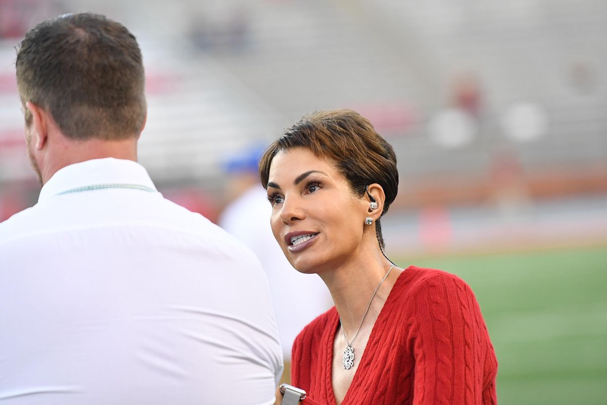 Commentator Cindy Brunson chats with former WSU quarterback Ryan Leaf before the start of a game between WSU and San Jose State on Saturday at Martin Stadium in Pullman. (Tyler Tjomsland / The Spokesman-Review)
