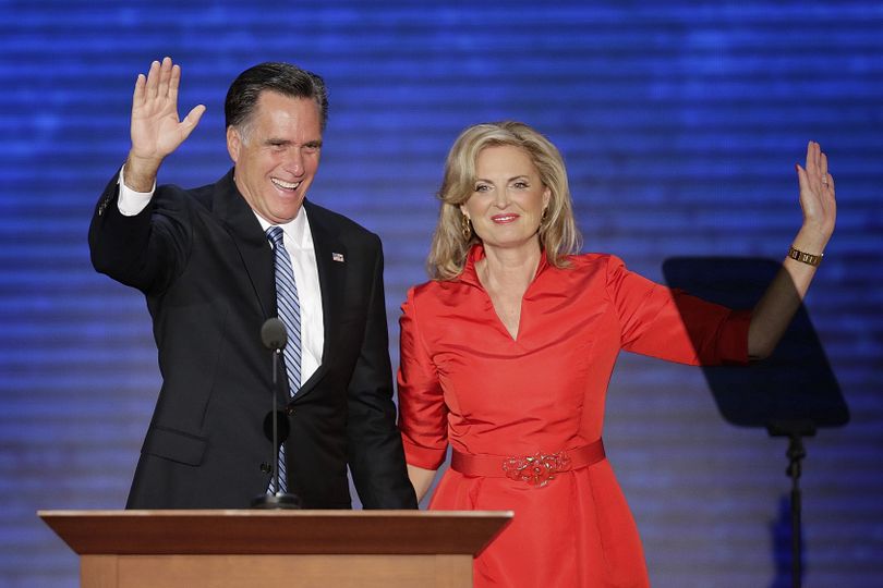 Ann Romney is greeted on stage by her husband Republican presidential nominee Mitt Romney after her speech to the Republican National Convention in Tampa, Fla. on Tuesday, Aug. 28, 2012. (J. Applewhite / Associated Press)