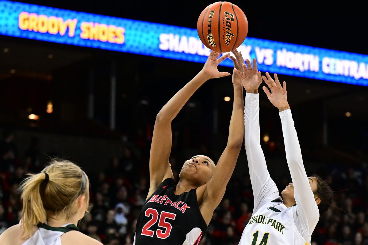 North Central’s Lariah Hayes (25) rebounds against Shadle Park’s Tameira Thompson during Wednesday’s Groovy Shoes game at the Arena.  (Tyler Tjomsland/The Spokesman-Review)