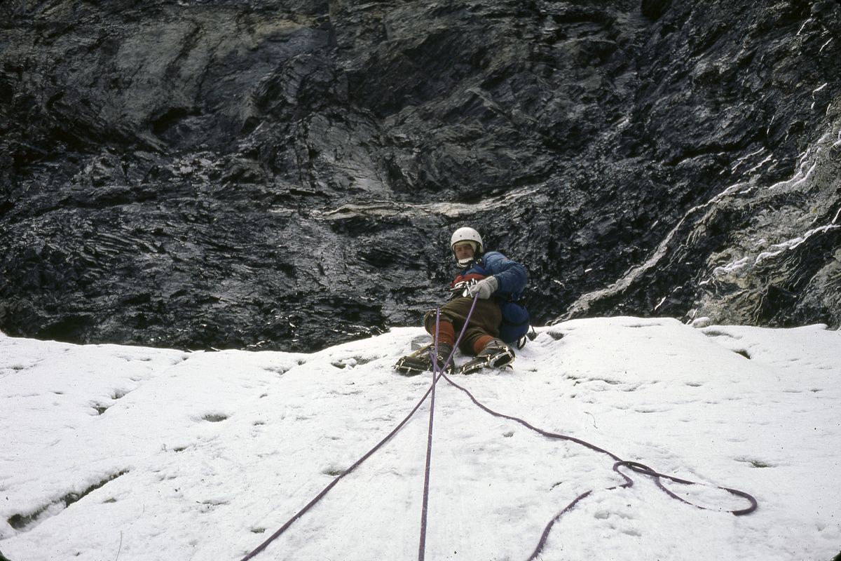 John Roskelley at the top of the White Spider on Eiger