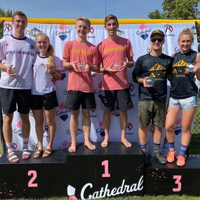 On the center podium, from left, Cooper Young and Ryan Hagerty, both of Spokane Valley, hold first-place plaques after winning the Spikeball intermediate division at the Roundnet National Tournament in Draper, Utah, held during the last weekend of September.  (Courtesy of Utah Roundnet Association Facebook page)