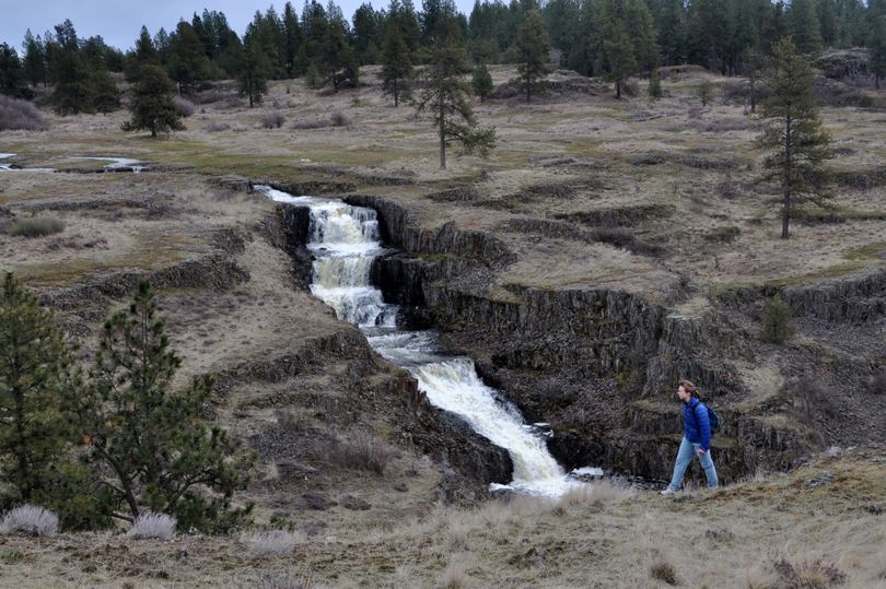 The waterfall at the top end of Hog Canyon Lake was flowing in good form on March 20, 2011.  It dries up later in the spring. The lake is on BLM land an the area is great for dayhiking. (Rich Landers)