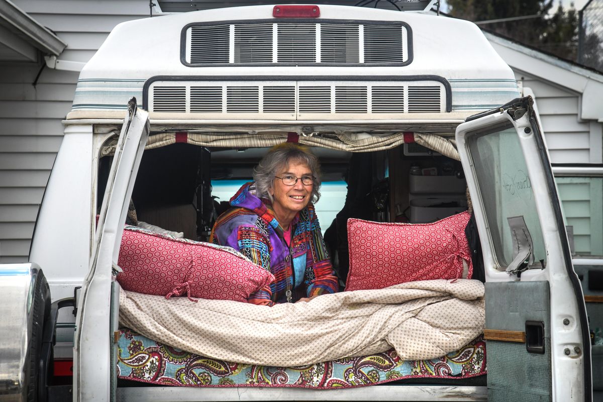 Karen Blaine, 69, is normally on the road in her Roadtrek van for nine months of year more or less but had to come home early to Spokane to offer support to her elderly aunt. (Dan Pelle / The Spokesman-Review)