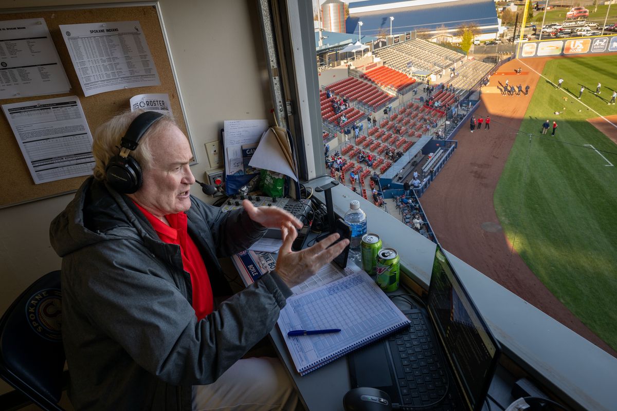 Spokane Chiefs and Indians broadcaster Mike Boyle calls Friday’s baseball game against Vancouver in Avista Stadium.  (COLIN MULVANY/The Spokesman-Review)