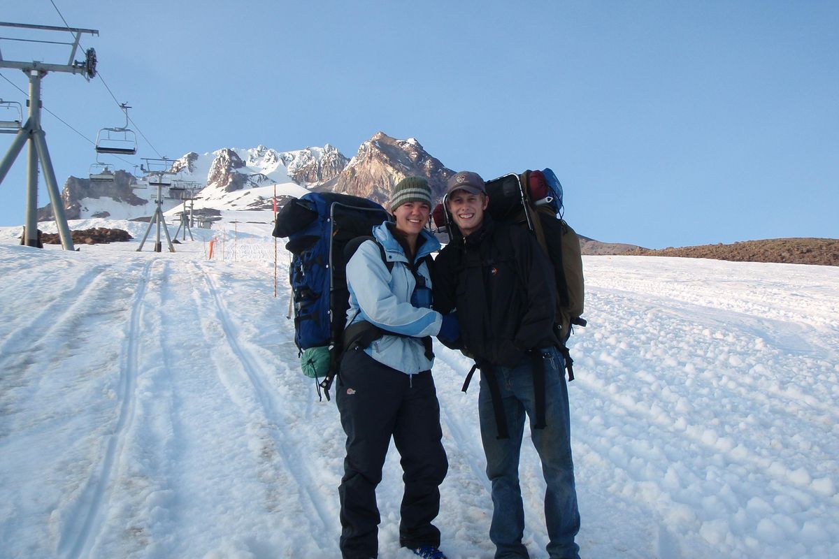 Trisha and Marlin Thorman stop before reaching the top of Mount Hood. Hood was the first real mountain the couple climbed together. (Courtesy)