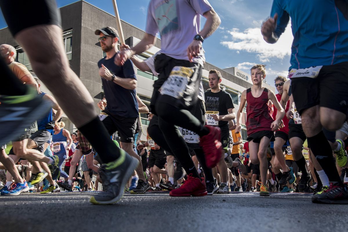 Runners start their Bloomsday race on Riverside Avenue during Bloomsday 2017, Sunday, May 7, 2017, in Spokane, Wash. (Colin Mulvany / The Spokesman-Review)