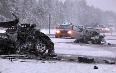 
The wreckage of two cars sits on U.S. 95 in the Chilco area after a collision Friday morning that sent two people to the hospital. 
 (Photo courtesy of Ed Robar / The Spokesman-Review)