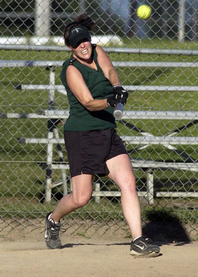 
O'Doherty's player MaryBeth  Adamske takes a swing during the team's game against Double T Satellite at Valley Mission Park. 
 (Liz Kishimoto / The Spokesman-Review)