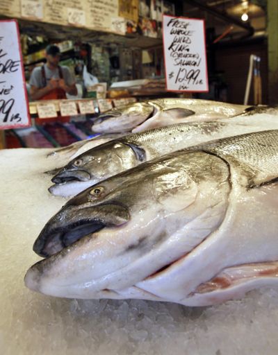 King salmon, also known as chinook, sit on ice Sept. 20, 2010, at the Pike Place Fish Market in Seattle. The Quinalt Indian Nation in Washington state has joined a lawsuit challenging the federal government’s approval of an Atlantic salmon genetically modified to grow faster. (Elaine Thompson / Associated Press)