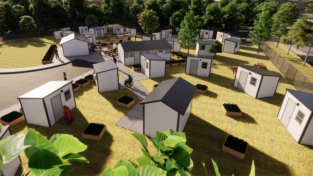 This photo illustration shows transitioning housing in the planned New Roots Tiny Home Village planned for 768 S. Audubon St. in Spokane.  (Photo illustration courtesy of Waters Meet Foundation)