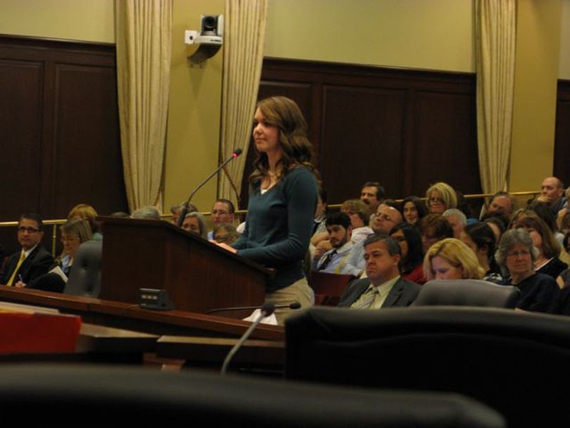 Whitney Webster, a high school student from Caldwell, testifies Tuesday against the Luna school reform plan. She said high school students tend to get distracted online; they should use laptop computers in class only under a teacher's guidance, she said. (Betsy Russell)