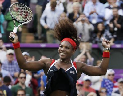 Serena Williams celebrates after defeating Maria Sharapova to win the women’s singles gold-medal tennis match. (Associated Press)