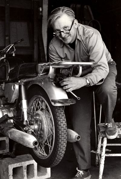 This 1975 image released by William Morrow shows author Robert M. Pirsig working on a motorcycle. Pirsig, whose novel “Zen and the Art of Motorcycle Maintenance” became a million-selling classic after more than 100 publishers turned it down, died at his home in South Benwick, Maine on Monday, April 24, 2017. He was 88. (Associated Press)