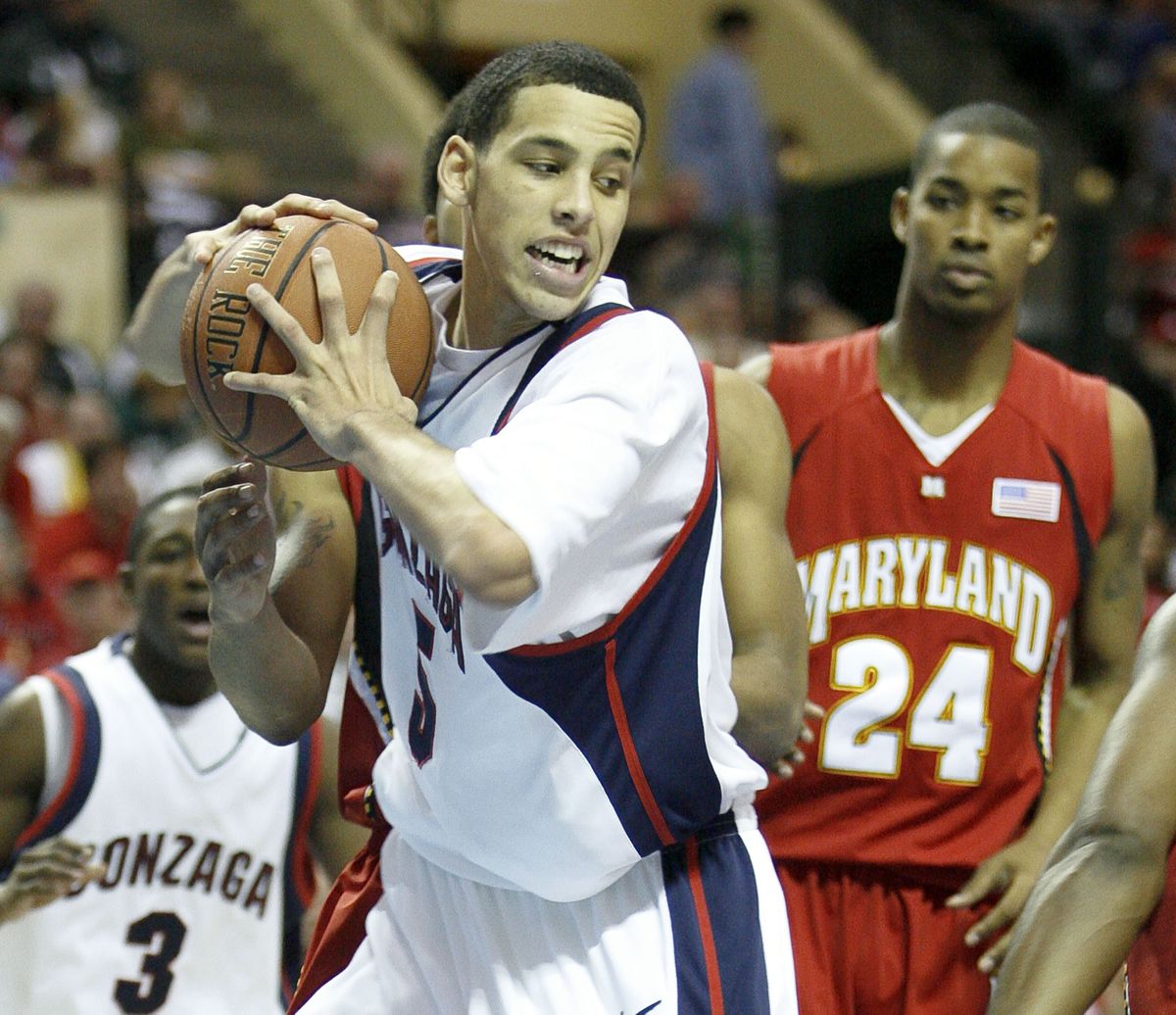 GU’s Austin Daye, collecting a rebound against Maryland, was saddled with foul trouble throughout much of the Old Spice Classic.  (Associated Press / The Spokesman-Review)