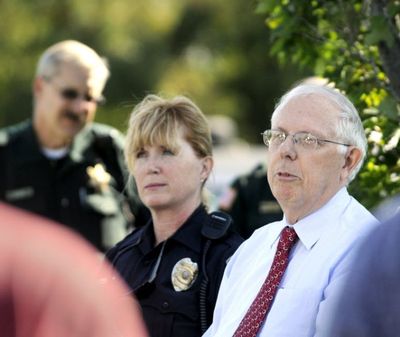 In this SR file photo, Tony Stewart, right, longtime human rights activist in Coeur d'Alene, speaks to the media alongside Sgt. Christie Wood of the Coeur d'Alene Police about racist literature and other activities at a press conference Friday, Aug. 21, 2009, near the state line. A press conference was held by law enforcement and human rights organizers to combat the recent distribution of racist flyers.