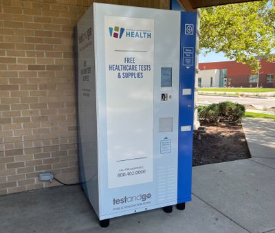 This is the free COVID-19 test kiosk outside the MultiCare Behavioral Health Center that is a part of the Northeast Community Center in Spokane.  (SOFIA HESSLER/THE SPOKESMAN-REVI)