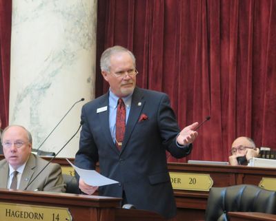 Sen. Marv Hagedorn, R-Meridian, argues for his $10 million health gap proposal in the Idaho Senate on Monday. After a long debate, it died on a 13-22 vote. (Betsy Z. Russell / SR)