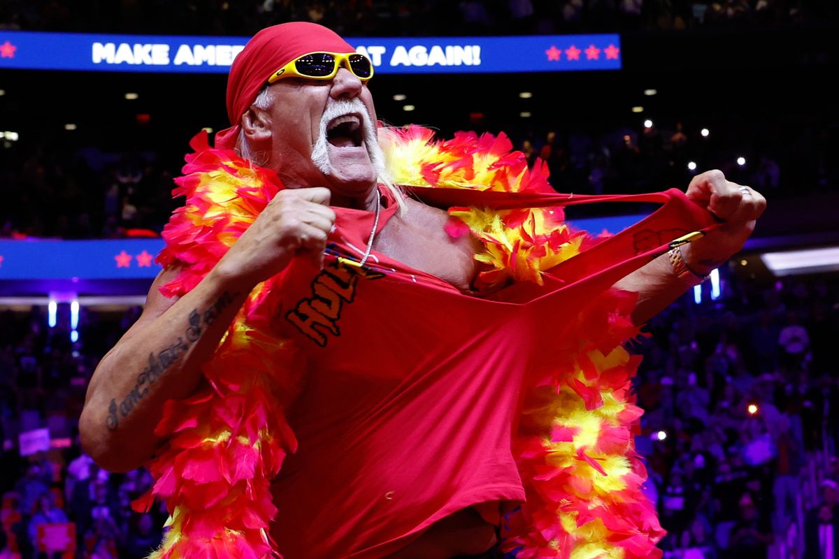 Hulk Hogan takes the stage during a campaign rally for the Republican presidential nominee, former U.S. President Donald Trump, at Madison Square Garden on Oct. 27 in New York City.  (Anna Moneymaker/Getty Images)