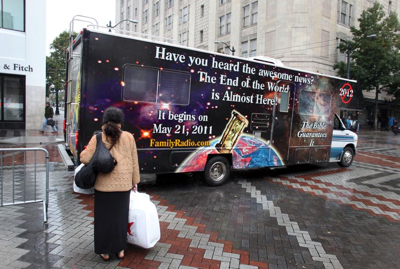 In this photo taken on October 30, 2010 a rapture-related message is shown on one of a fleet of recreational vehicles parading through downtown Seattle. The message warns of impending Armageddon beginning on Saturday, May 21, 2011. (Joshua Trujillo / Seattlepi.com)