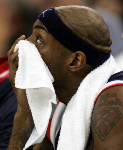 
Gonzaga's Erroll Knight, who fouled out late, watches the final seconds. 
 (Associated Press / The Spokesman-Review)