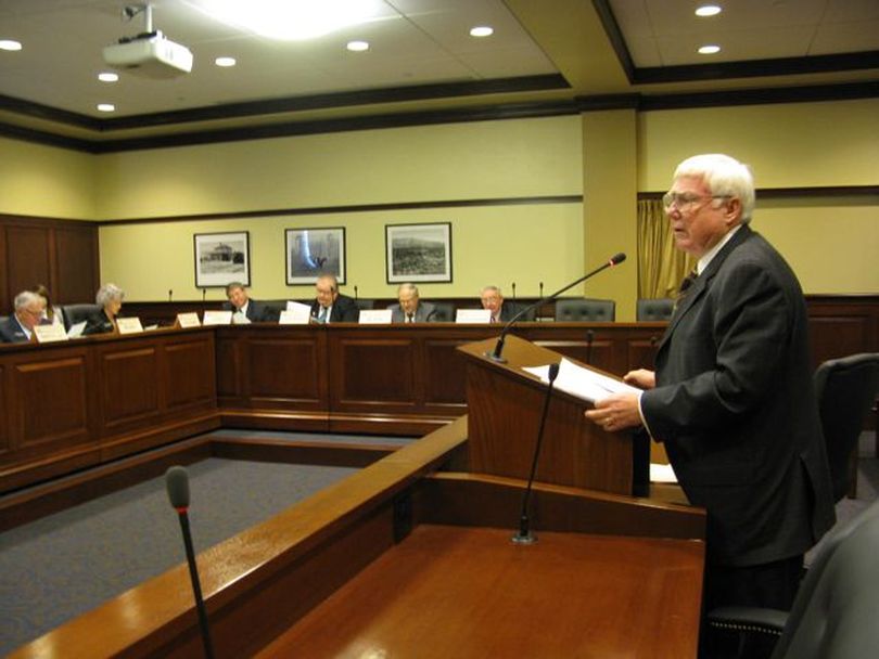 Rep. Jim Clark, R-Hayden Lake, speaks in favor of allowing samplings of hard liquor at Idaho distilleries, similar to wine-tastings. But the House State Affairs Committee killed Clark's bill, HB 393, on a tied vote. (Betsy Russell)