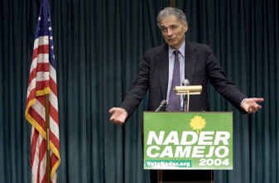 
Independent presidential candidate Ralph Nader speaks at a recent news conference  at the International Sunport in Albuquerque, N.M.
 (Associated Press / The Spokesman-Review)