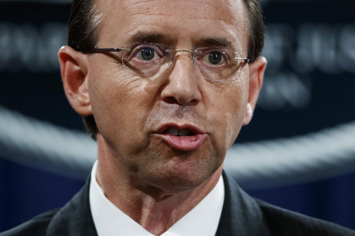 In this July 13, 2018  photo, Deputy Attorney General Rod Rosenstein speaks during a news conference at the Department of Justice in Washington. Rosenstein is expecting to be fired, heading to White House Monday morning. (Evan Vucci / Associated Press)
