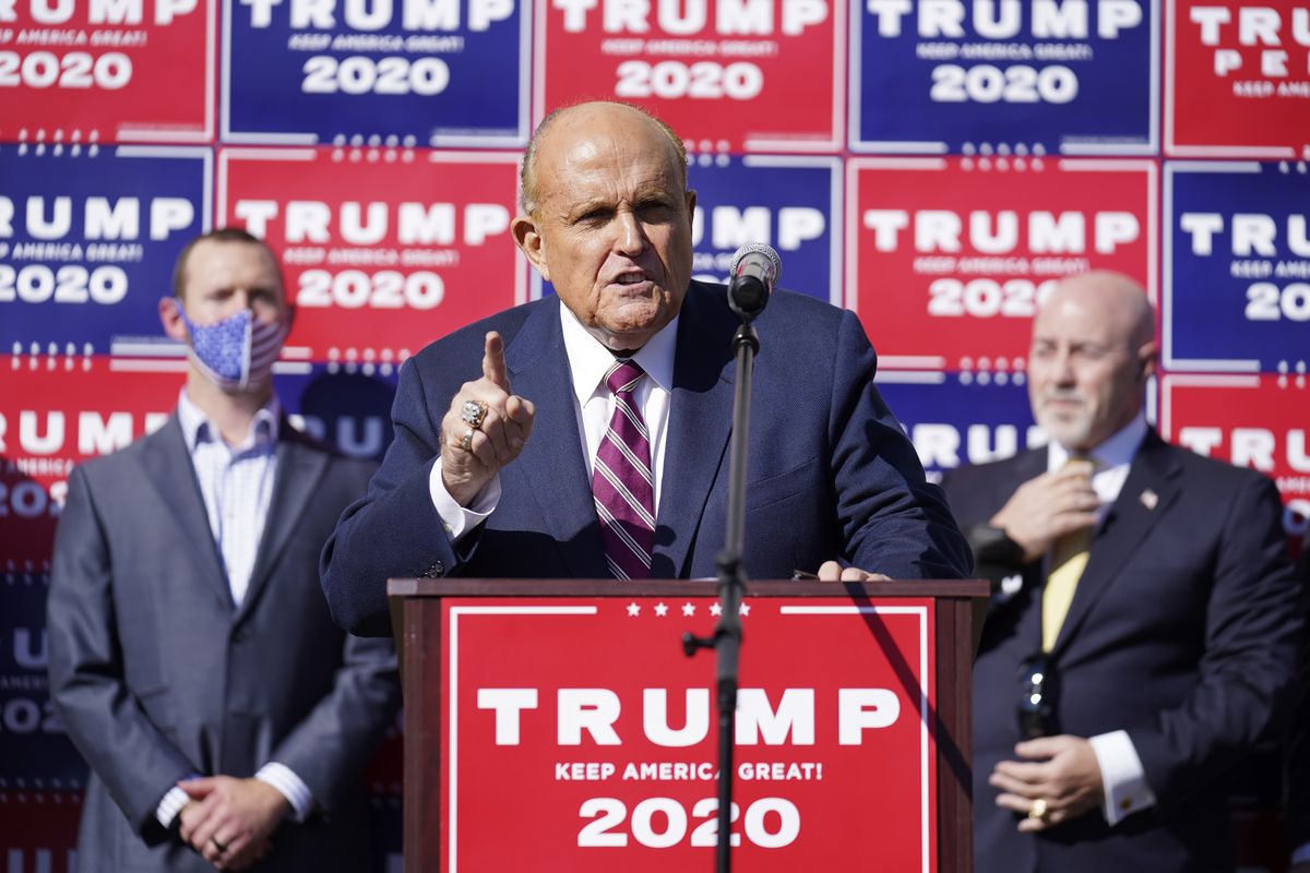 Former New York mayor Rudy Giuliani, a lawyer for President Donald Trump, speaks during a news conference on legal challenges to vote counting in Pennsylvania, Saturday Nov. 7, 2020, in Philadelphia.  (John Minchillo)