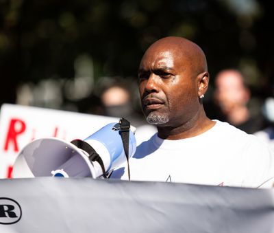 Le’Taxione leads chants at the beginning of the March for Jacob Blake, hosted by Occupy Spokane on Aug. 30, 2020, in Spokane.  (Libby Kamrowski/ THE SPOKESMAN-REVIEW)