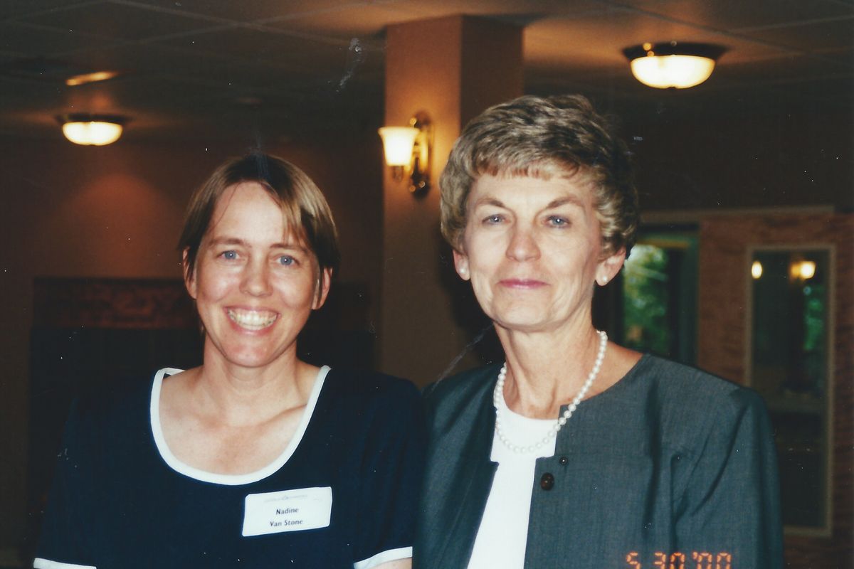Nadine Van Stone, left, is seen with Donna Hanson, former director of Catholic Charities. Van Stone, who recently passed away, is a 2020 Legacy Woman of the Year.  (Courtesy photo)