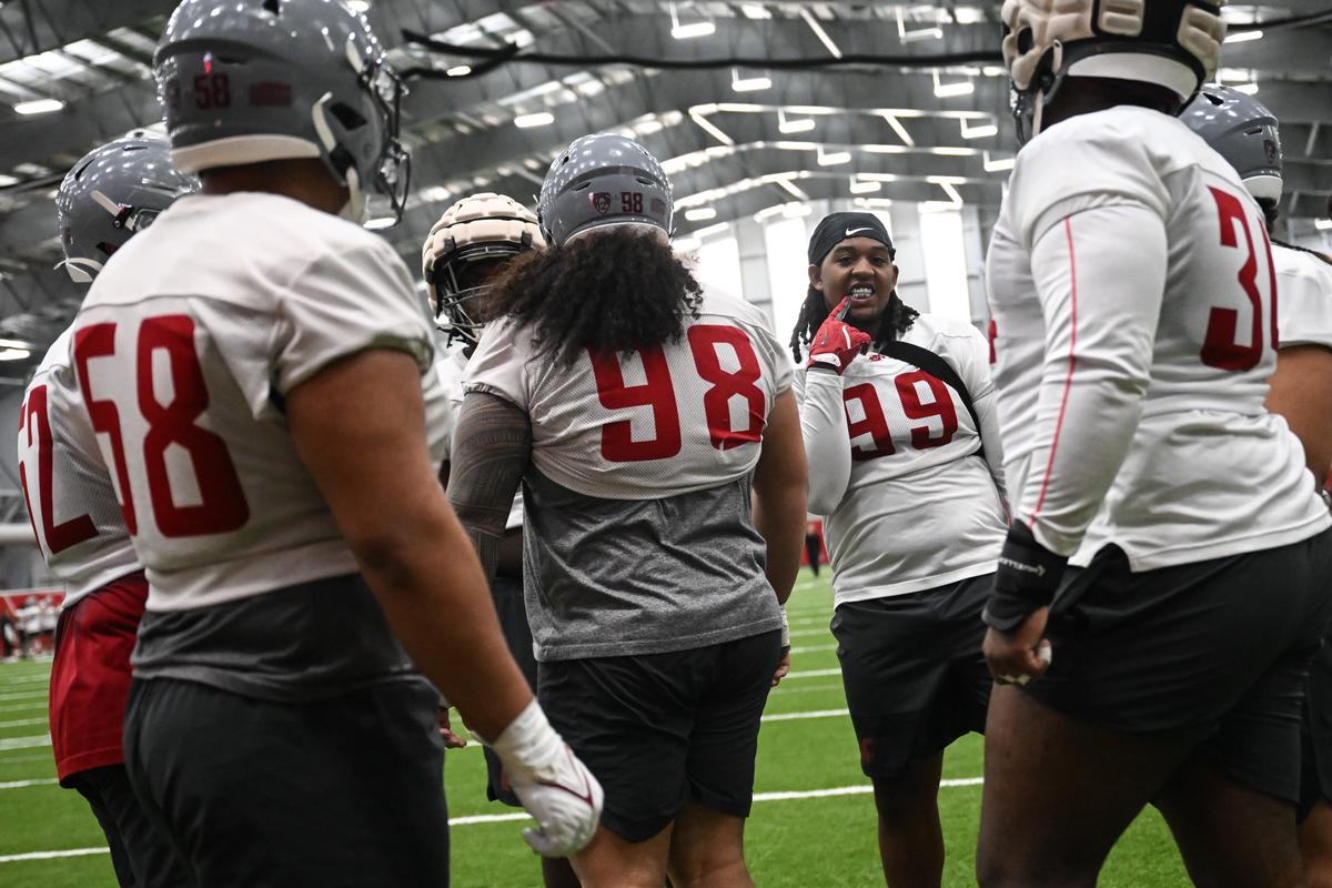 Washington State defensive tackle Paul Hutson III smiles during a spring football practice on March 26 at Taylor Sports Complex in Pullman.  (Tyler Tjomsland/The Spokesman-Review)