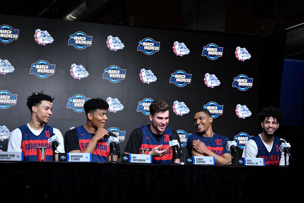 Gonzaga laughs as Gonzaga Bulldogs forward Corey Kispert (24) tells about one of his celebration rituals after dunking -- it entails checking himself for a nosebleed after reaching such lofty altitudes at the rim -- during a press conference on Friday, March 29, 2019, at the Honda Center in Anaheim, Calif. The Zags will face Texas Tech in the NCAA men's college basketball tournament West regional final Saturday. (Tyler Tjomsland / The Spokesman-Review)